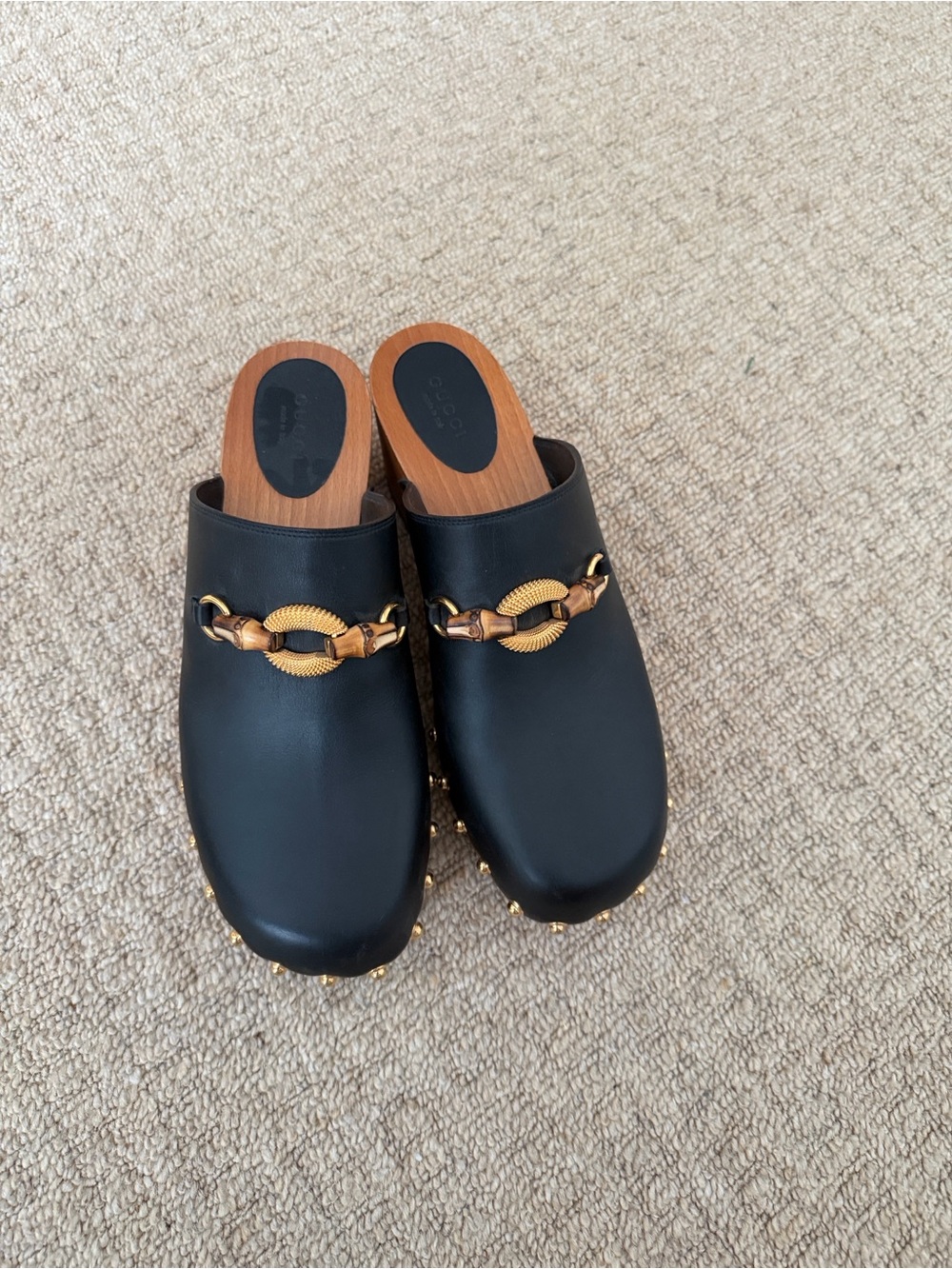 Gucci - like new Black Leather Mule Slides with Gold /bamboo Accent